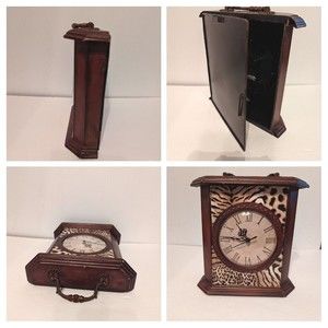 All Metal Handle Mantel Clock Safari  Wood design Back Secret Compartment Door